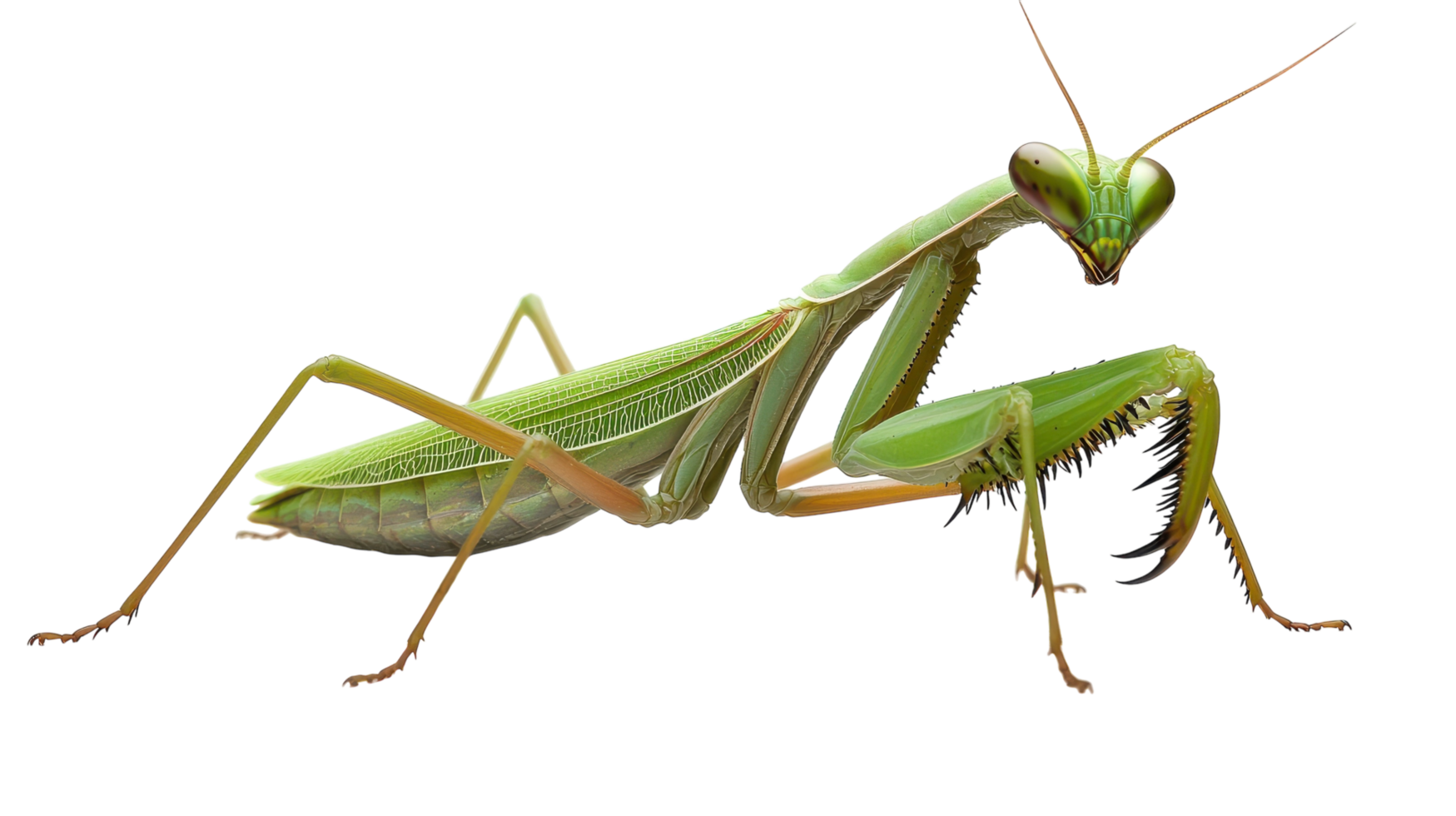 Close-up of a vibrant green praying mantis perched on a surface, showcasing its intricate features and delicate limbs during daylight. png