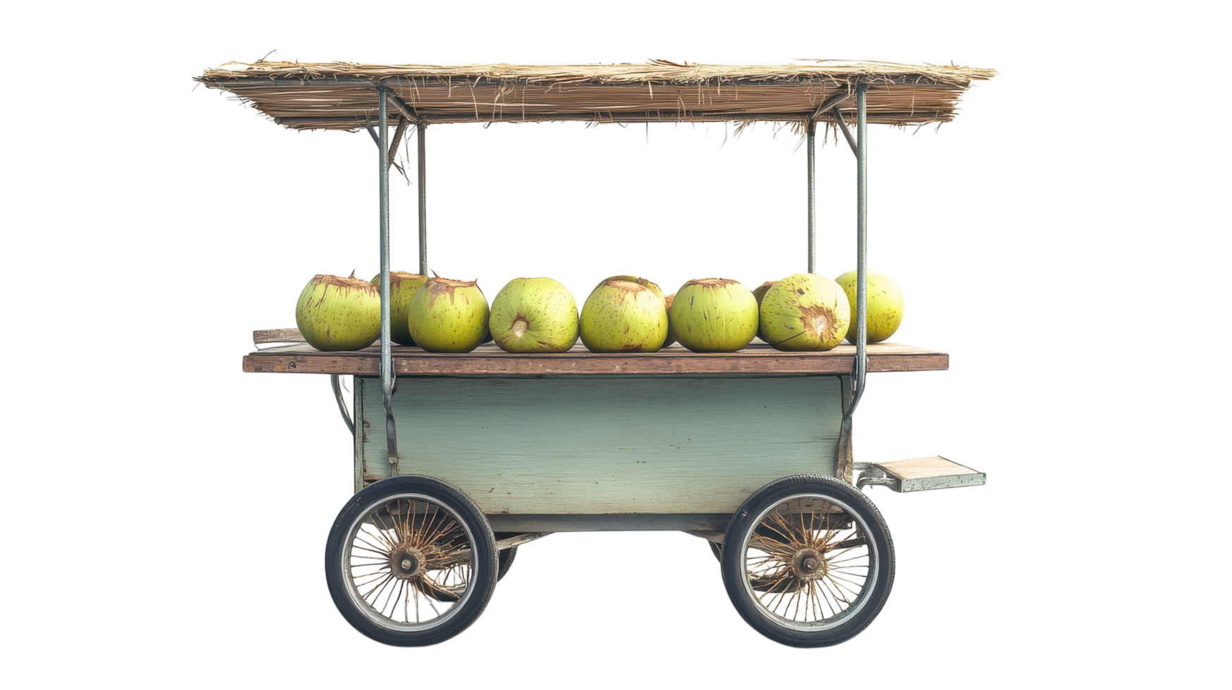 Fruit vendor cart with fresh apples on display under a straw roof at a busy market during daylight hours. png