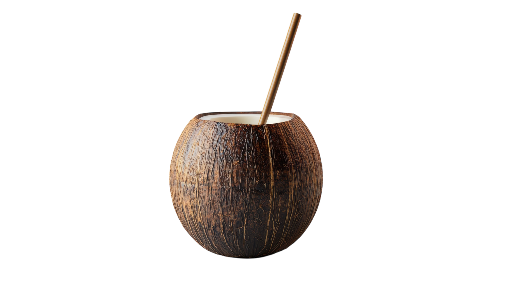A natural coconut cup filled with a creamy beverage and a straw, perfect for tropical refreshments and relaxing moments. png