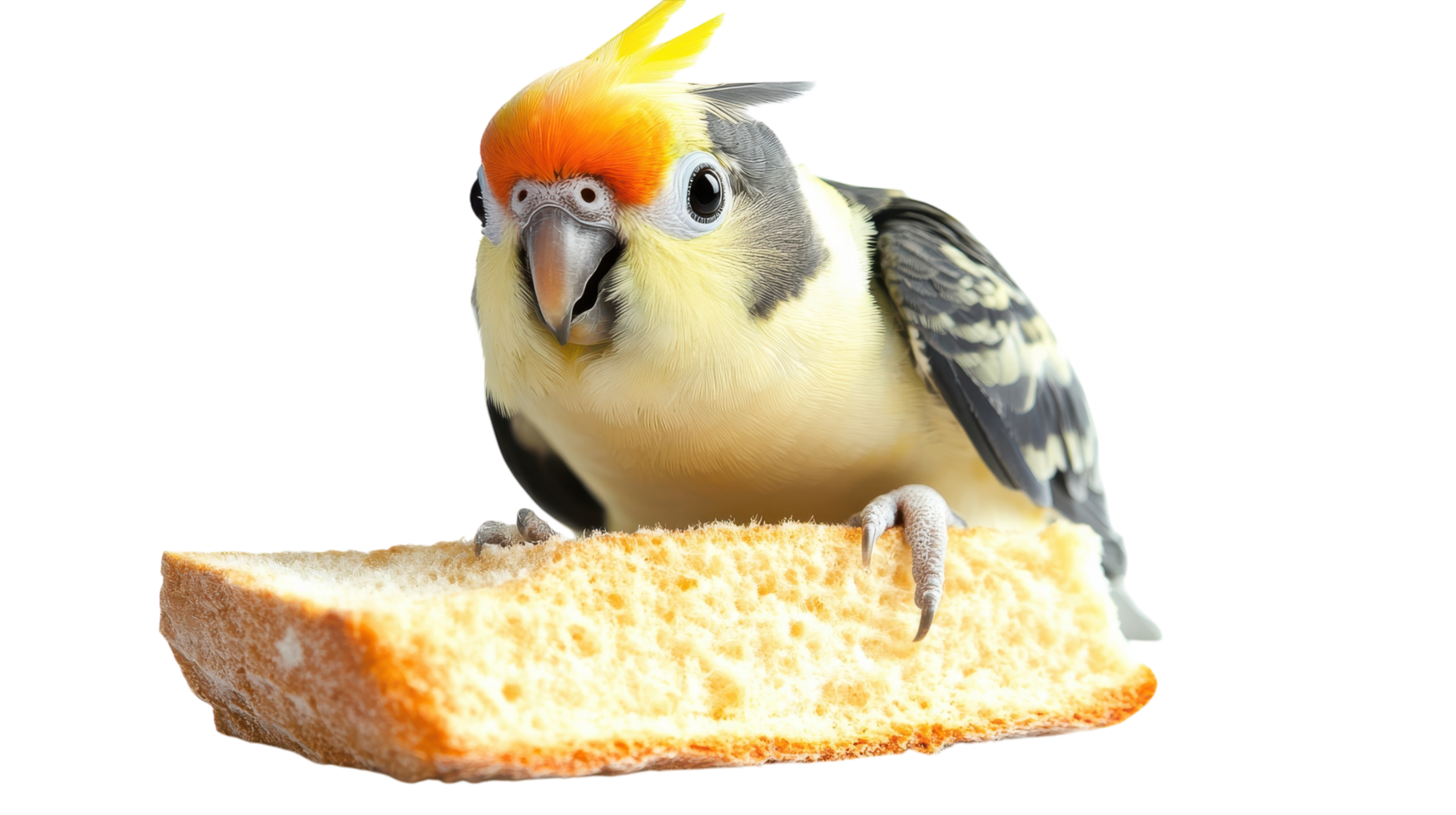 A cockatiel pecks at a piece of bread in a bright setting showcasing its vibrant colors and playful nature. png