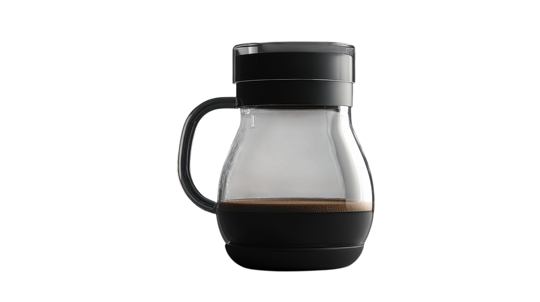 A clear glass coffee carafe with a sleek black handle resting on a white surface, ideal for serving freshly brewed coffee at home. png
