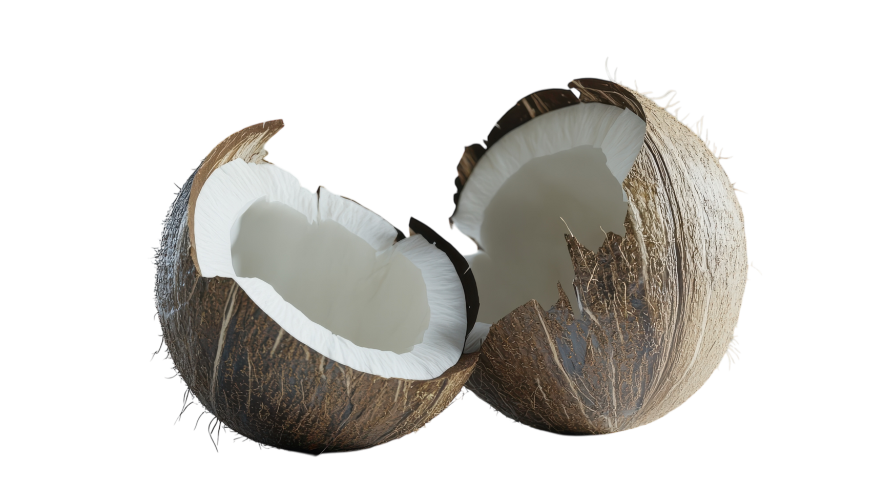 Cracked coconut halves showcasing the white flesh and brown shell in a simple, clean layout on a transparent background. png