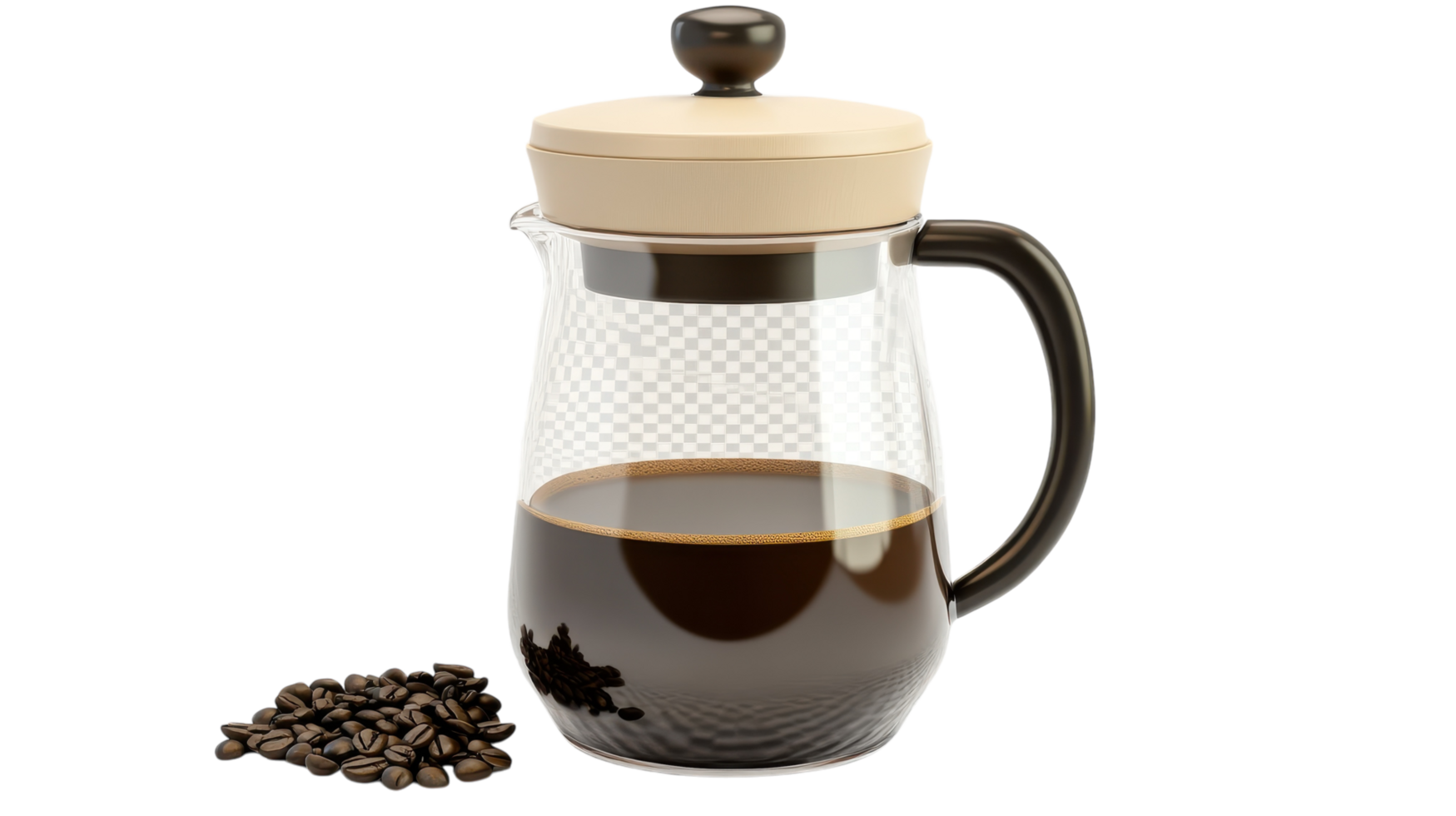 Artisan coffee maker filled with freshly brewed coffee and nearby roasted coffee beans on a neutral background. png