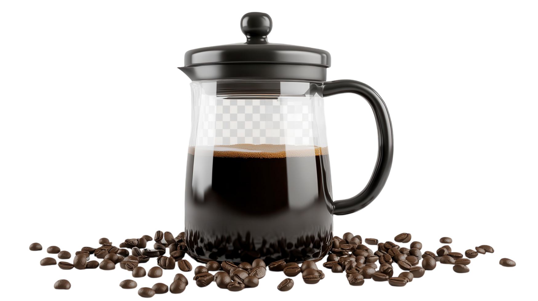 Freshly brewed coffee in a French press surrounded by coffee beans on a clear background. png