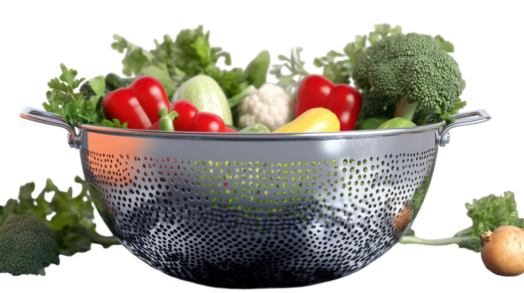 Fresh vegetables in a stainless steel colander with a variety of colors and textures displayed against a plain background. png