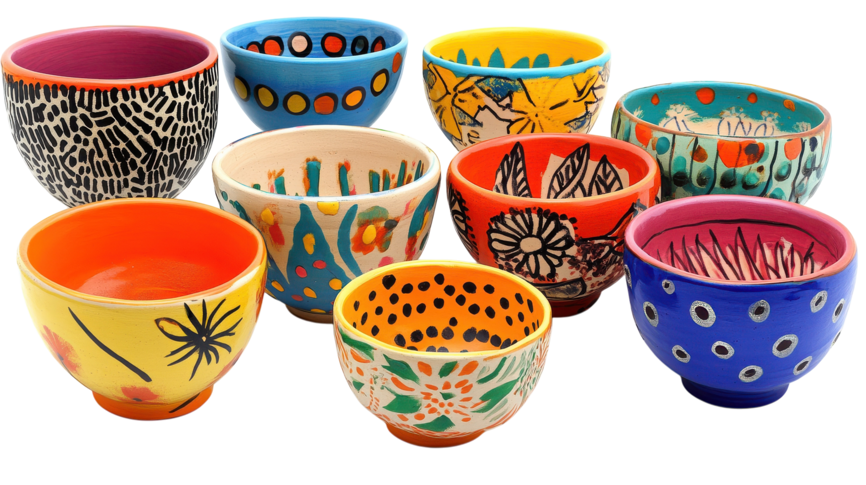 Colorful hand-painted bowls displayed on a white background showcasing various artistic designs and patterns from local artisans. png