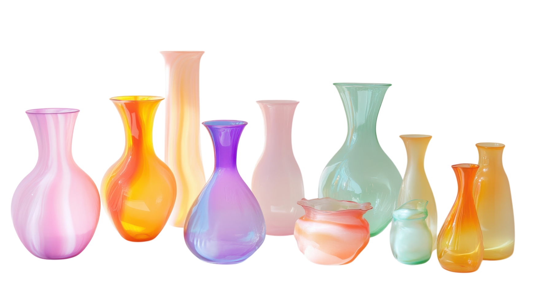 Colorful glass vases in various shapes arranged together on a transparent background showcasing vibrant hues and elegant designs. png