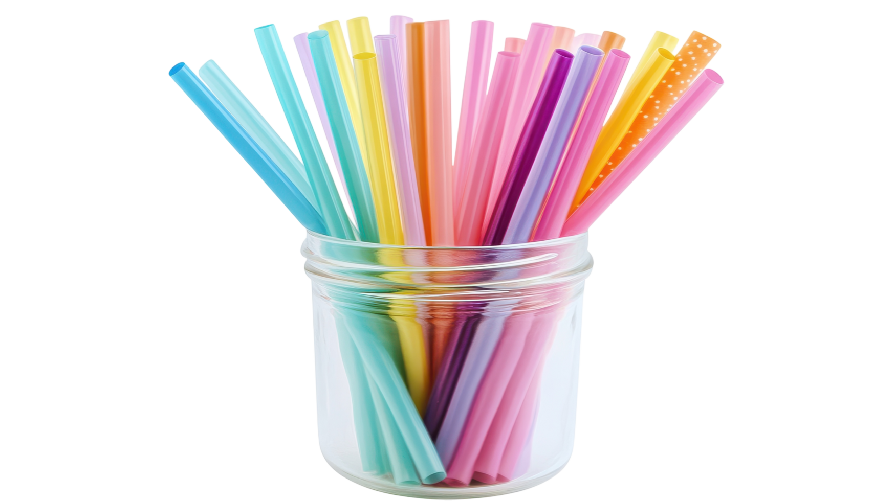 Colorful straws in a clear jar, showcasing a vibrant collection for drinks or crafts at a casual setting. png