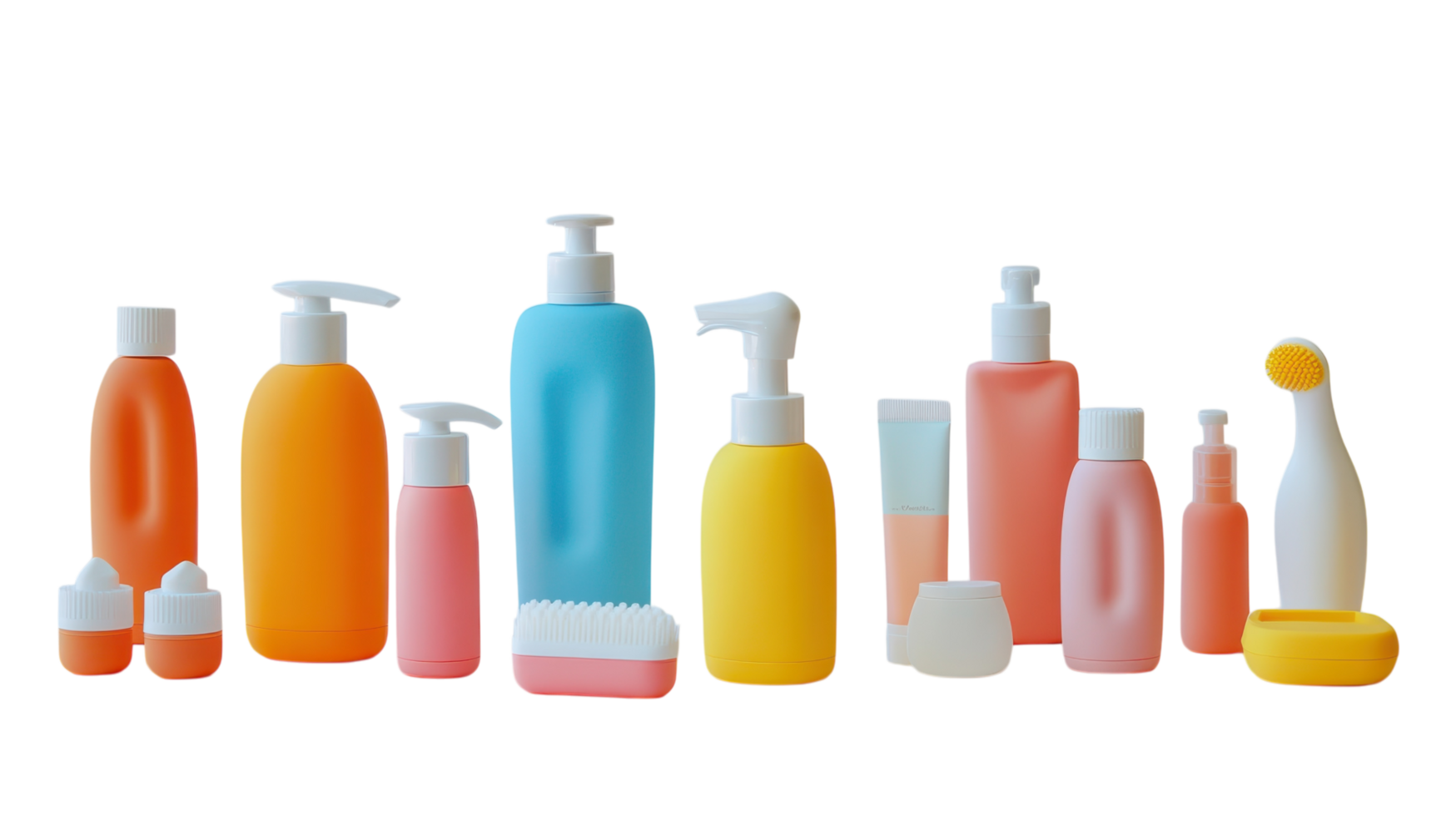A vibrant array of colorful plastic cosmetic containers displayed against a transparent background, showcasing personal care products. png