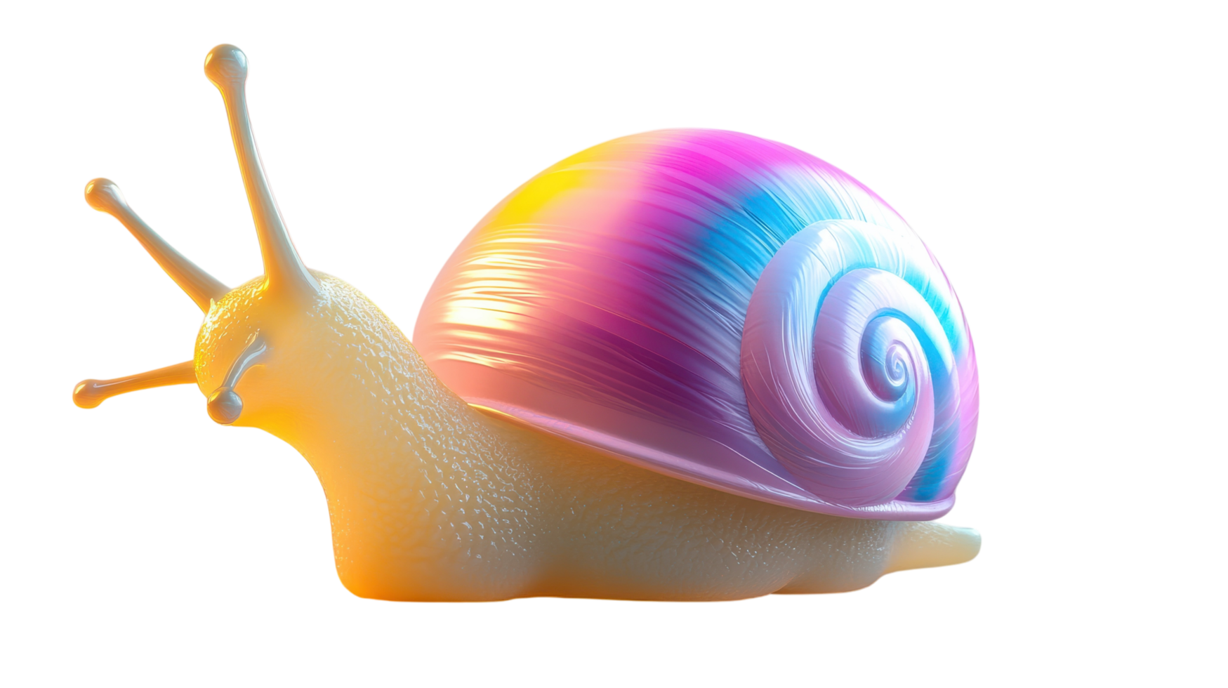 Colorful snail with a vibrant swirl shell crawling on a smooth surface in a brightly lit environment. png