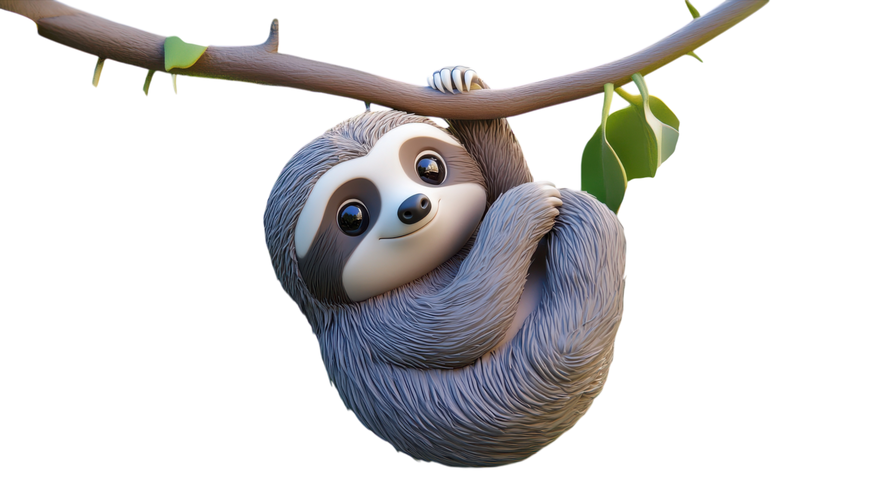 A cute sloth hanging from a branch with green leaves in a vibrant jungle setting during daylight hours. png