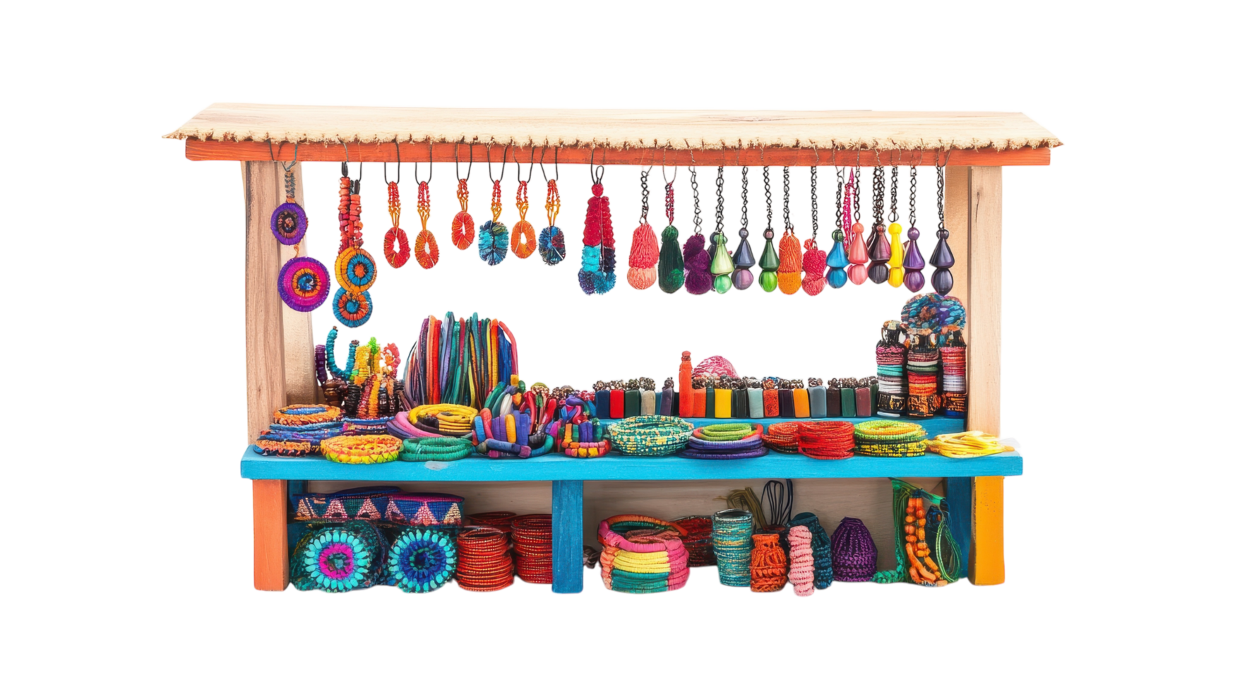 Colorful artisan craft stall displaying handmade jewelry and accessories in a vibrant marketplace setting. png