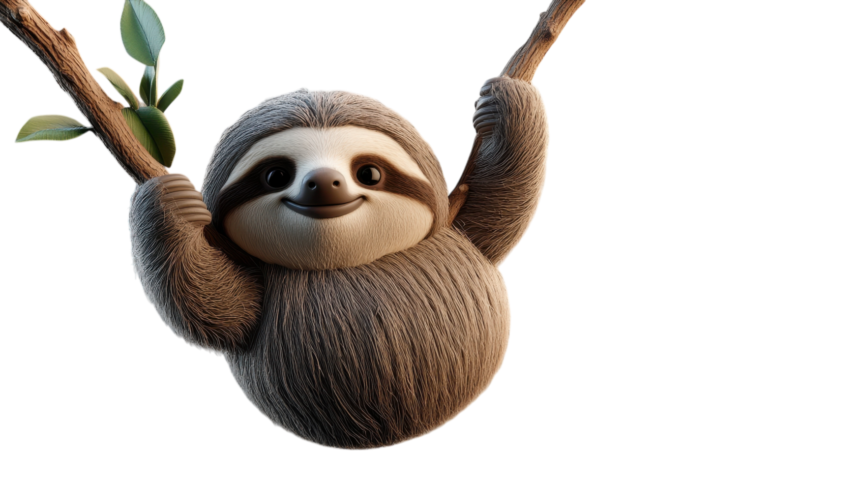 A cheerful sloth hanging playfully from a tree branch while surrounded by lush greenery in a tropical setting. png