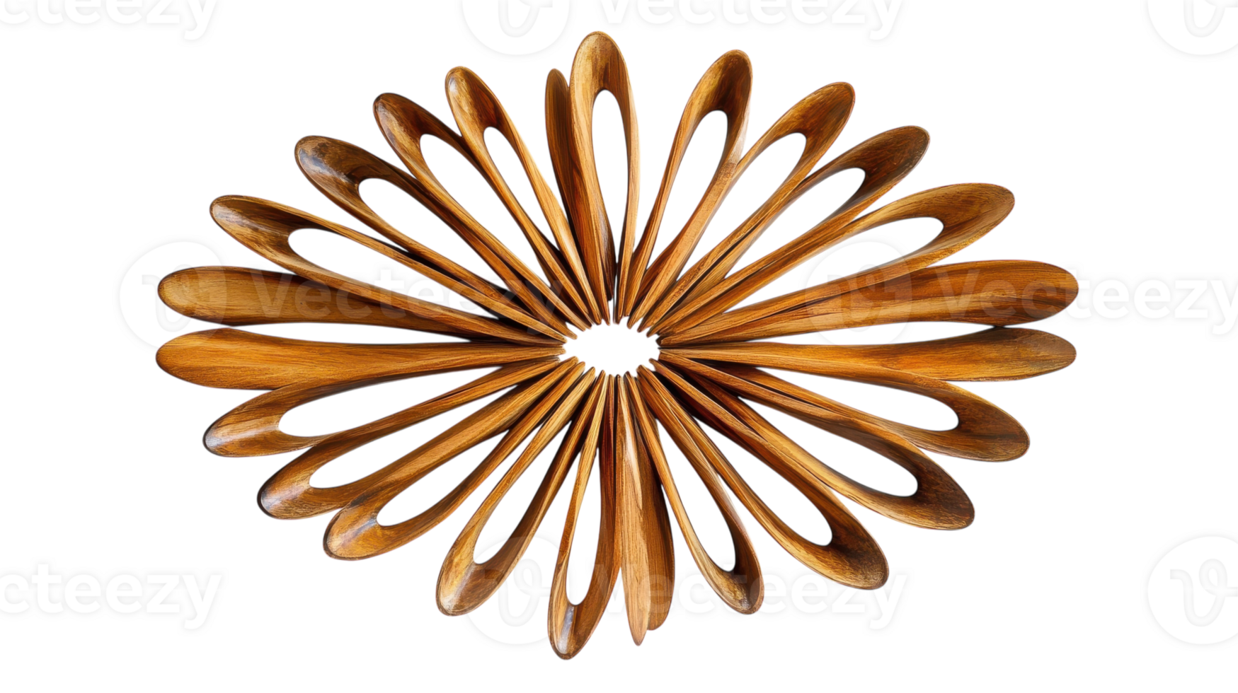 Intricate wooden sculpture showcasing delicate petal-like shapes in a circular formation, perfect for home decor or artistic display. png