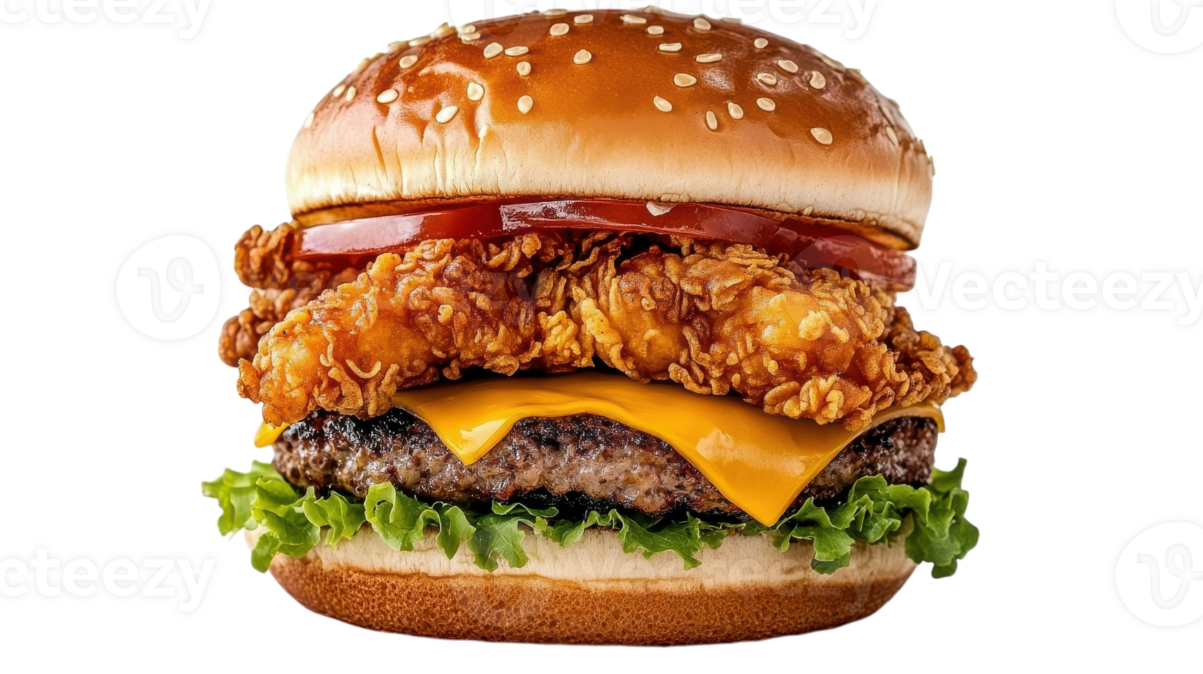 A delicious chicken and beef burger topped with cheese, lettuce, and tomatoes on a sesame seed bun, ready to enjoy for lunch or dinner. png