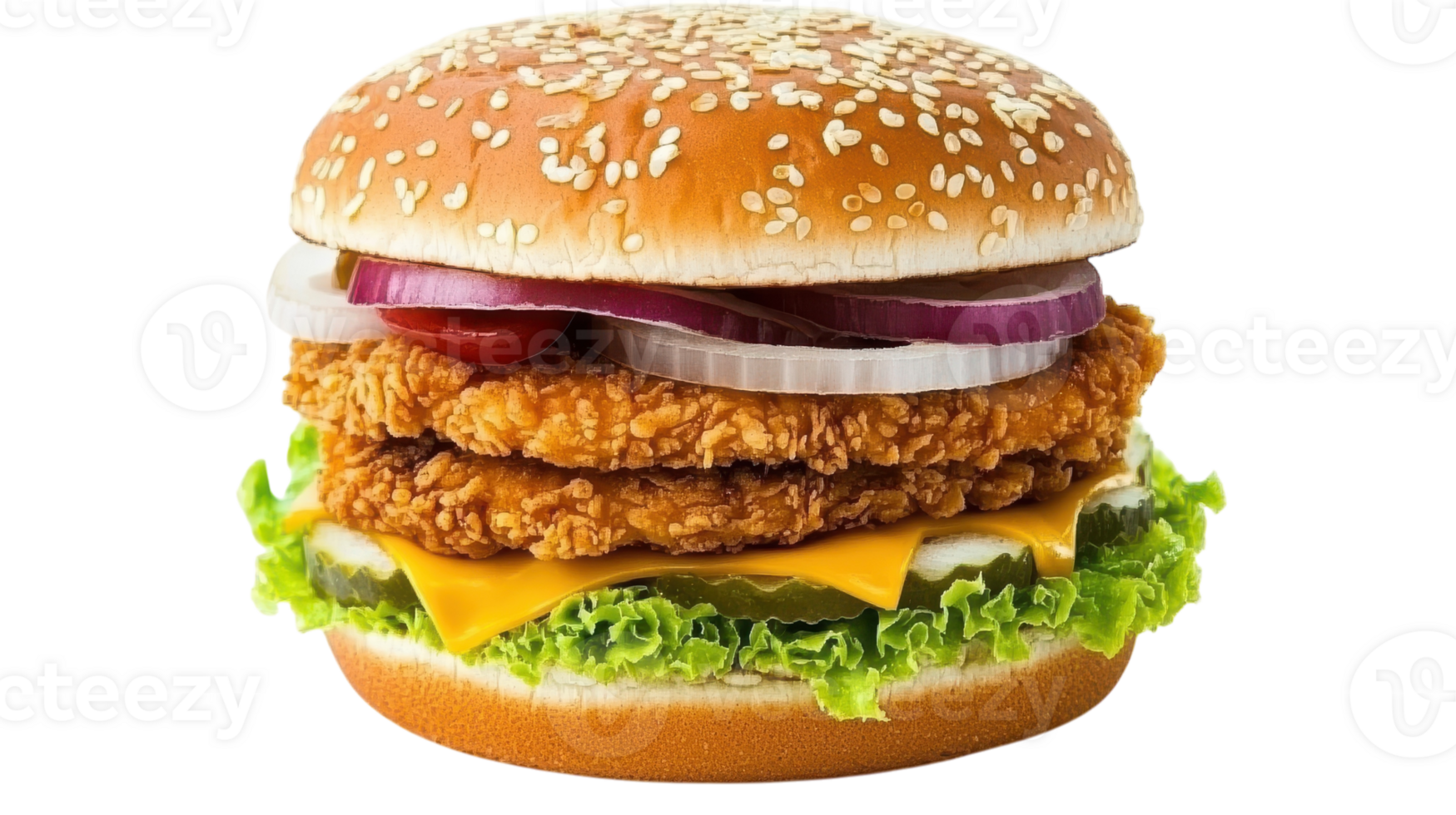 A delicious freshly made chicken burger with lettuce, cheese, pickles, and onions, served on a sesame seed bun for lunchtime enjoyment. png