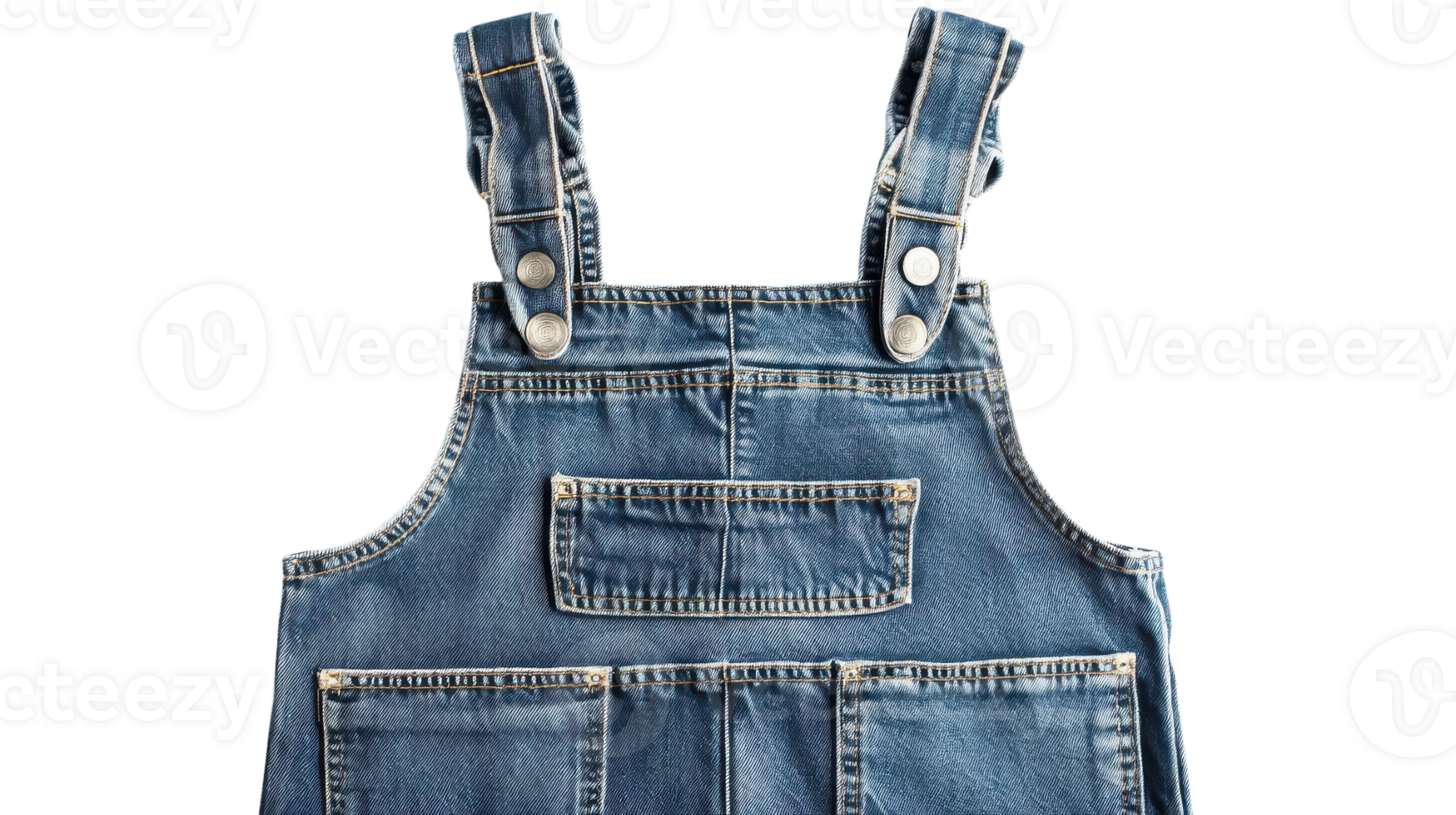 Denim overalls featuring adjustable straps and multiple pockets on a transparent background for design applications. png
