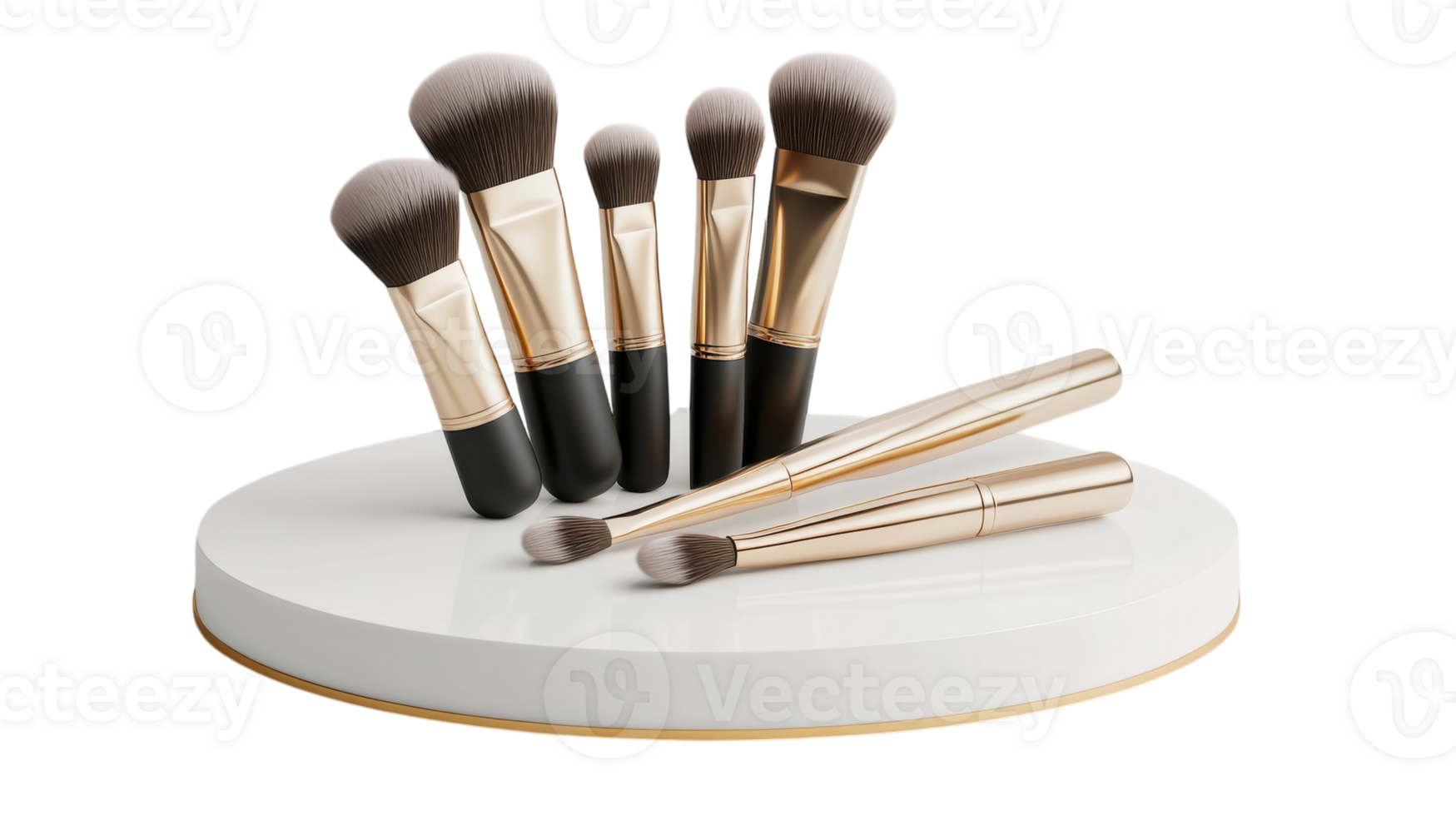 Set of professional makeup brushes displayed on a round white pedestal against a transparent background for beauty enthusiasts and artists. png