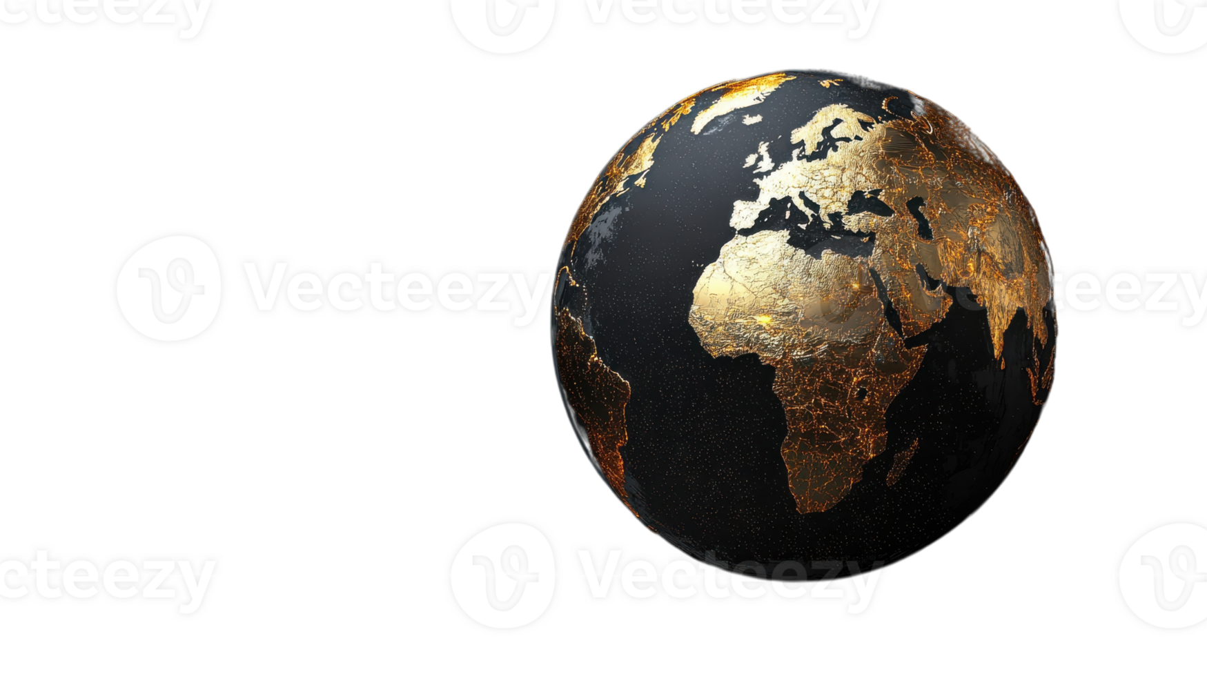 A detailed globe showcasing Africa, Europe, and the surrounding regions in a striking gold and black design on a transparent background. png