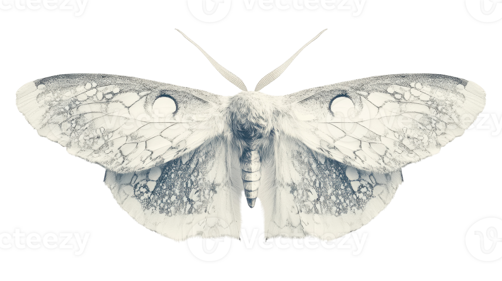 Detailed close-up of a white moth showcasing intricate patterns and textures against a transparent background, highlighting its delicate wings. png