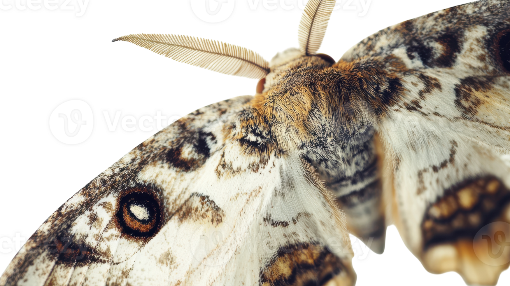 Close-up of a brown and white moth showcasing intricate wing patterns against a plain background. png