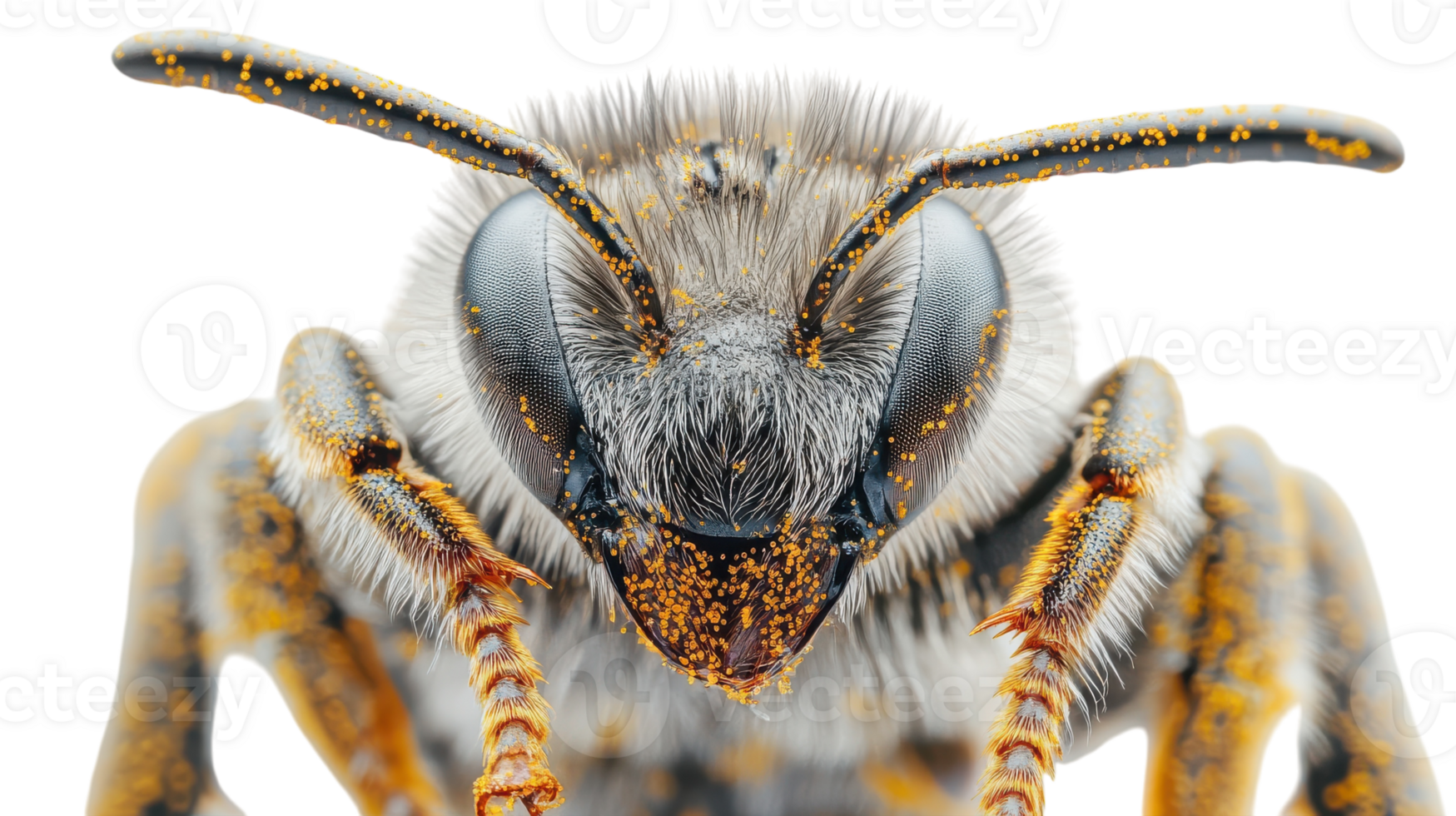 Close-up of a bee showcasing intricate details of its face and antennae, revealing pollen on its body, during a sunny day in nature. png