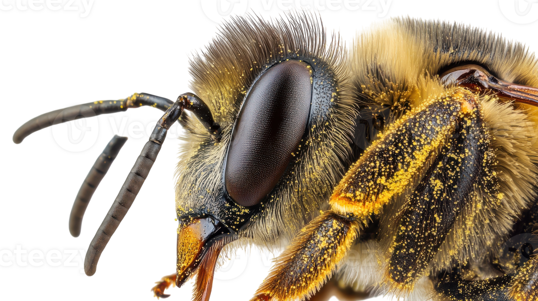 Close-up view of a bee showcasing fine details of its body and wings with pollen on its fur during a sunny day outdoors. png
