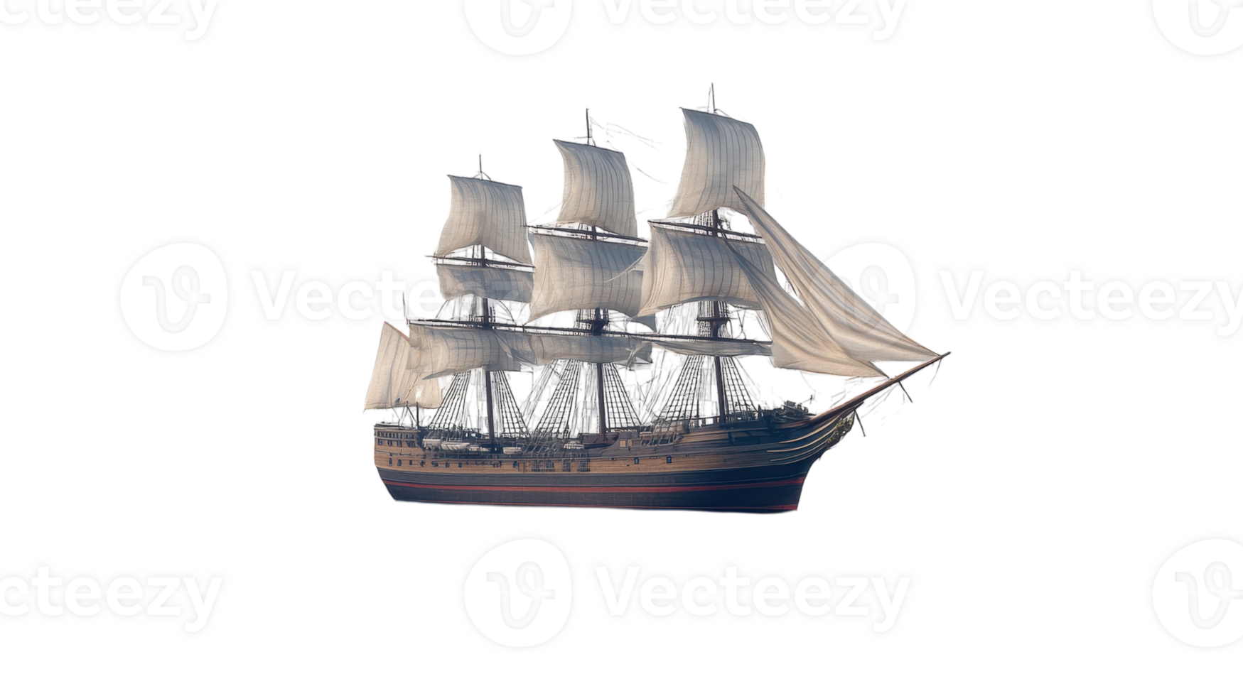 A historic sailing ship navigates through open waters under gentle winds during a clear day. png