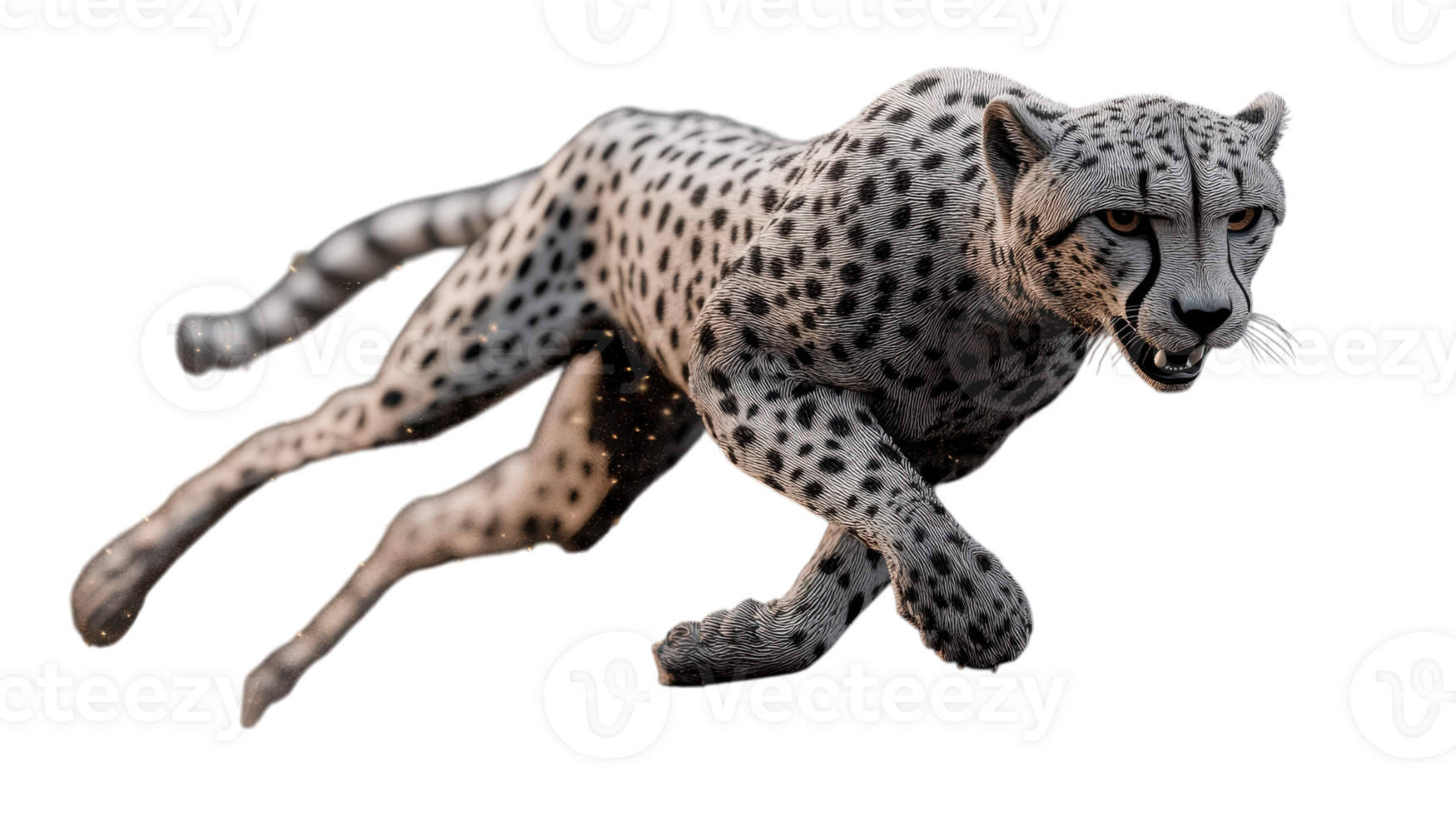 A cheetah running swiftly across an open landscape, showcasing its speed and grace during the golden hour of sunset. png