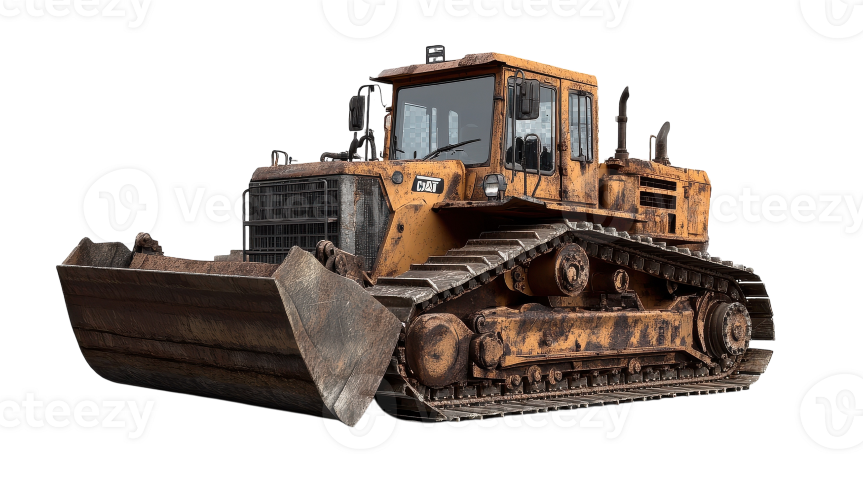 Heavy-duty bulldozer parked on a construction site under bright sunlight with a clear sky, showcasing its rugged design and operational features. png