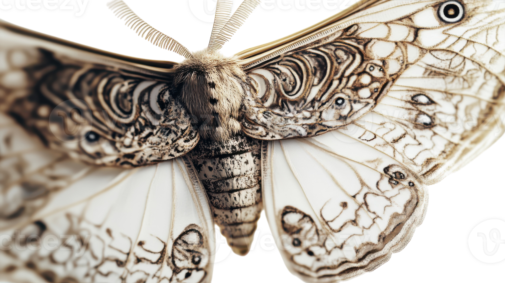 Close-up view of a detailed moth showcasing intricate patterns, likely taken in a natural habitat during daylight. png