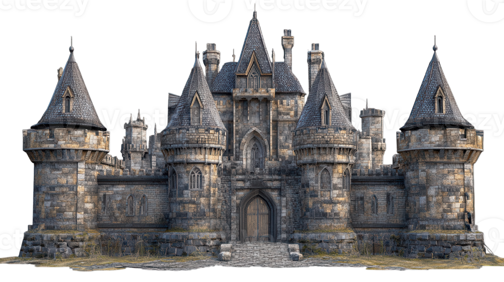 A grand medieval castle stands with towering spires and stone walls, surrounded by greenery and sunlight during the day. png
