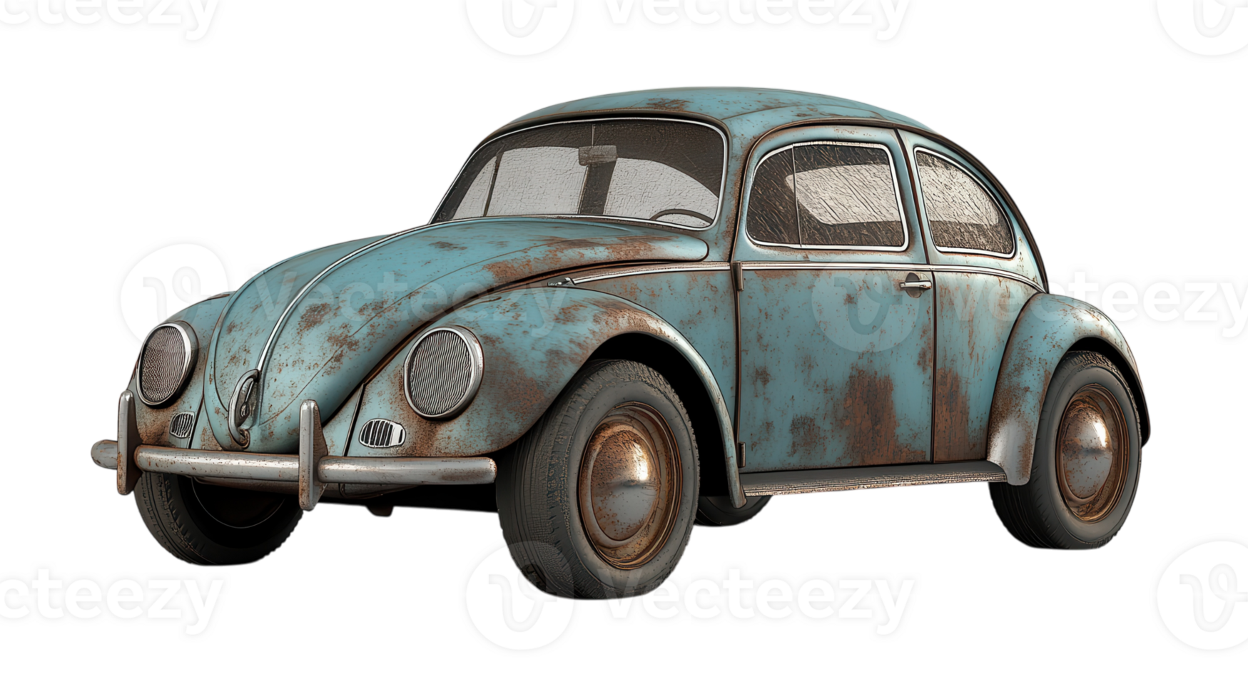 Classic vintage blue car parked against a transparent background showcasing its retro design and weathered surface. png