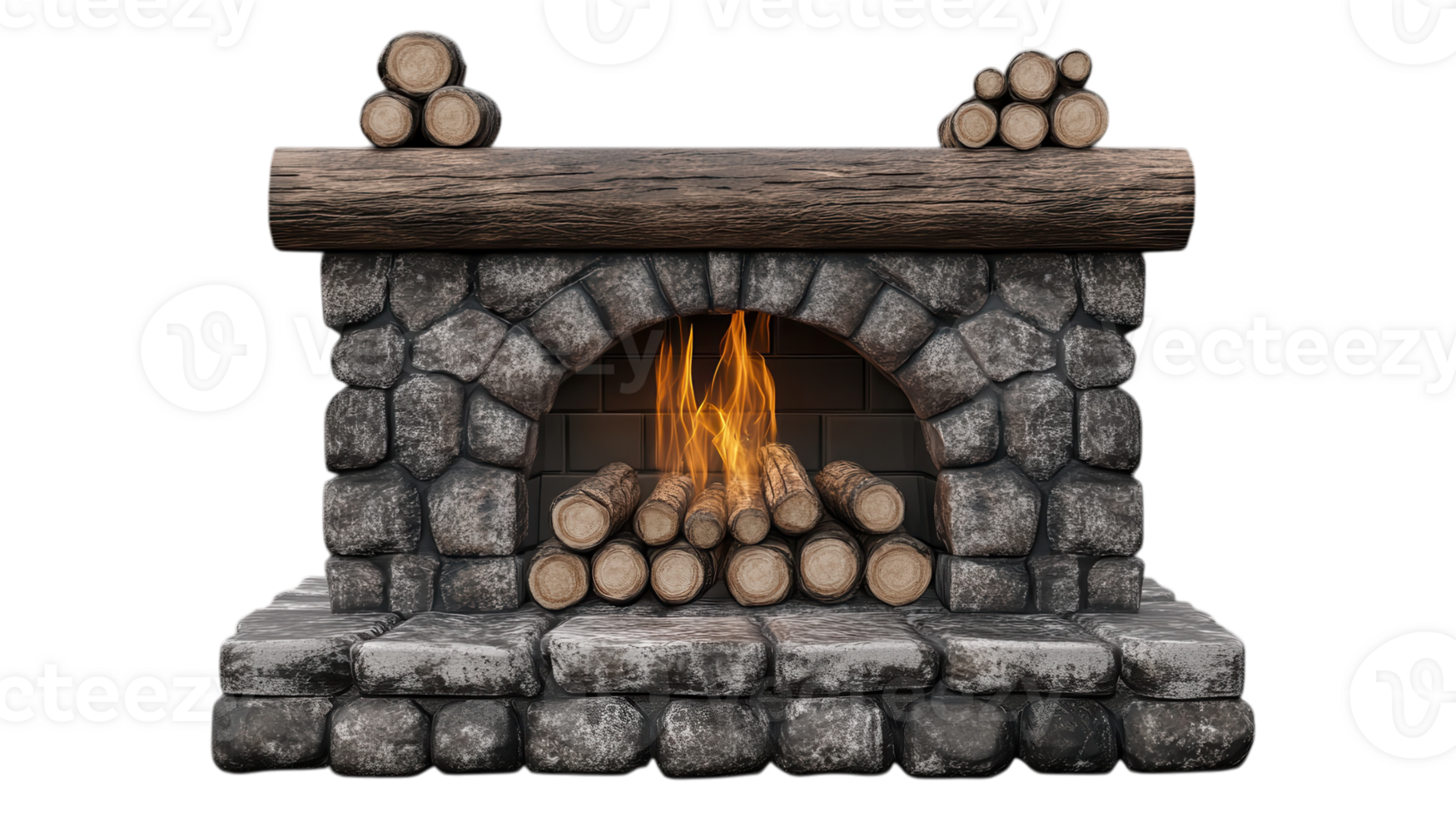 Cozy stone fireplace with burning firewood and logs, designed for warmth and comfort in a rustic setting. png