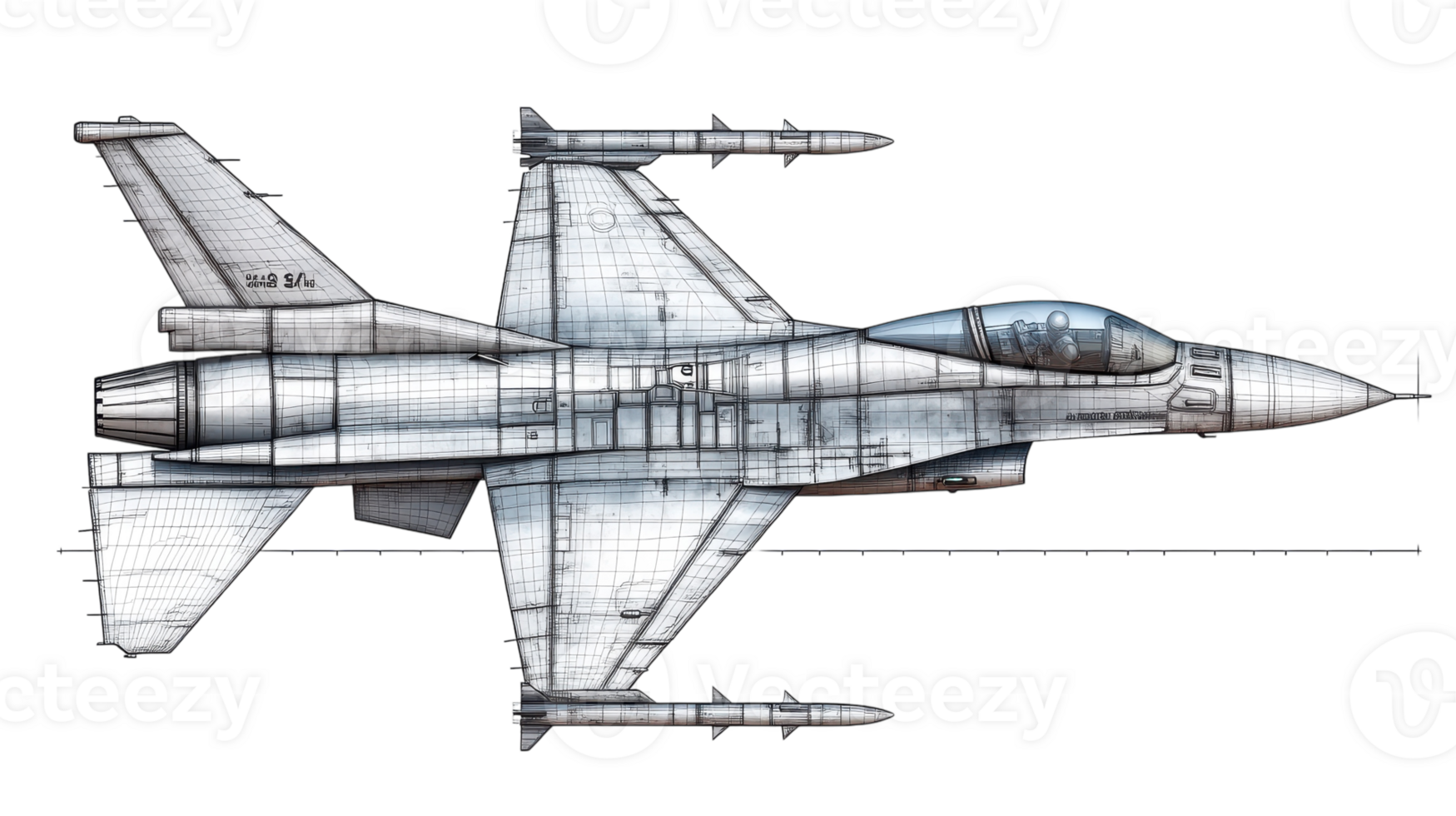 Technical drawing of a sleek jet fighter showcasing intricate design details on a transparent background. png