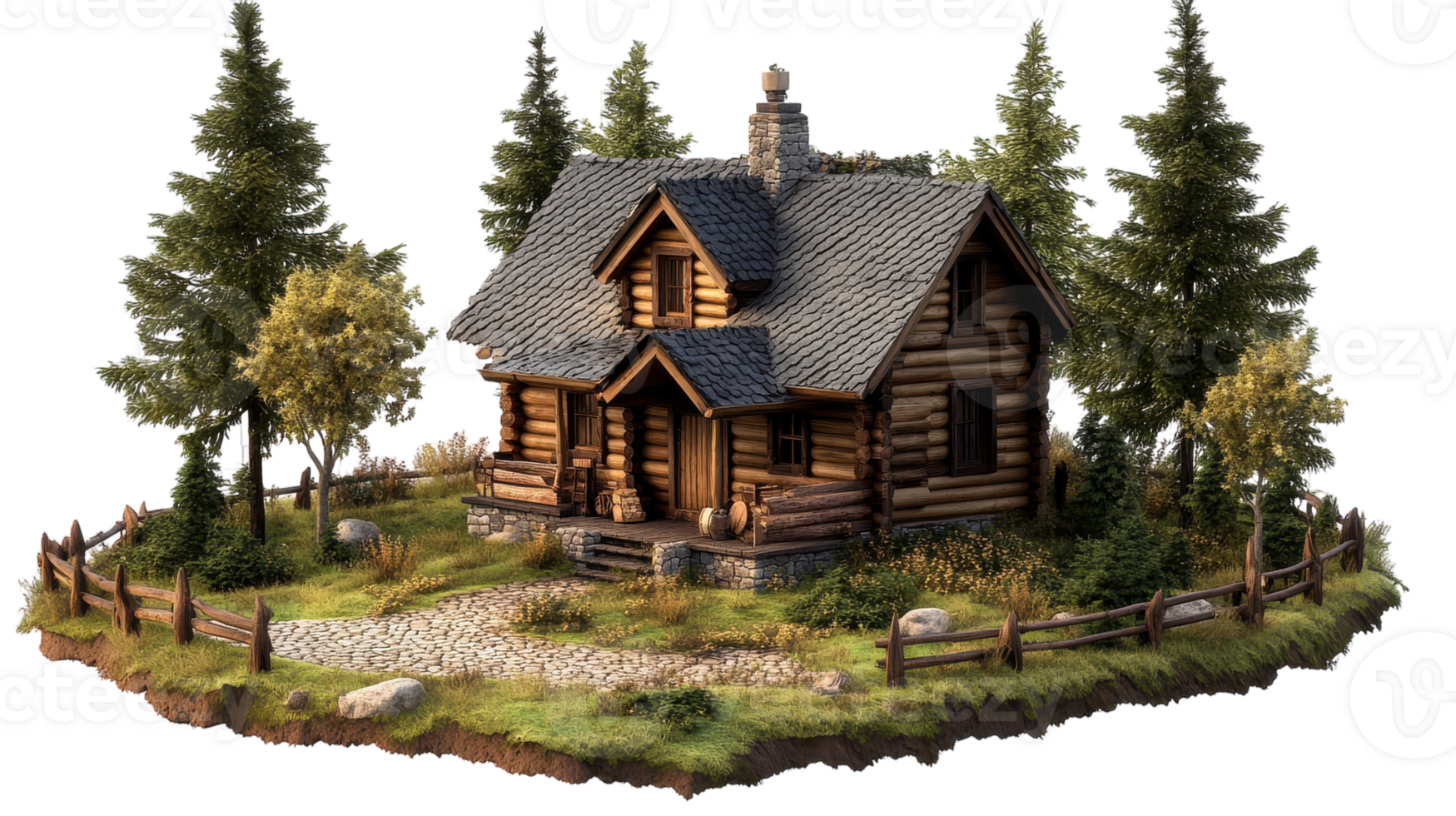 A charming wooden cabin surrounded by tall trees and a gravel pathway, perfect for a peaceful retreat in nature. png