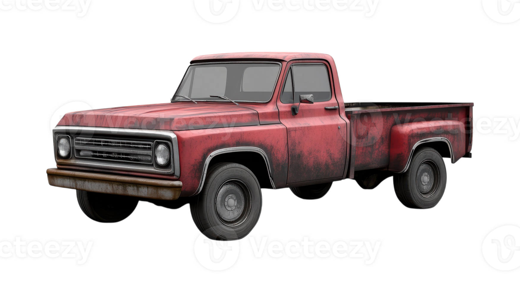 A vintage red pickup truck parked on an isolated road during midday with a weathered appearance and rustic charm. png