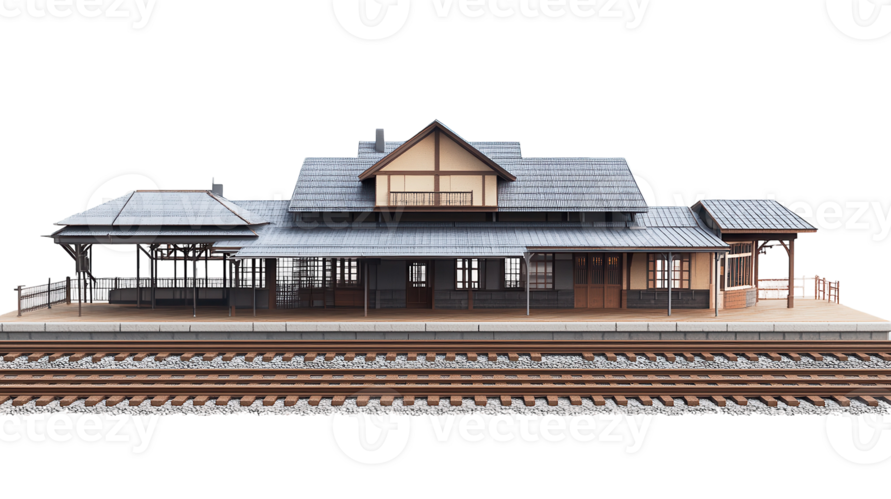 A traditional wooden train station with a sloping roof situated next to railway tracks in a serene environment. png