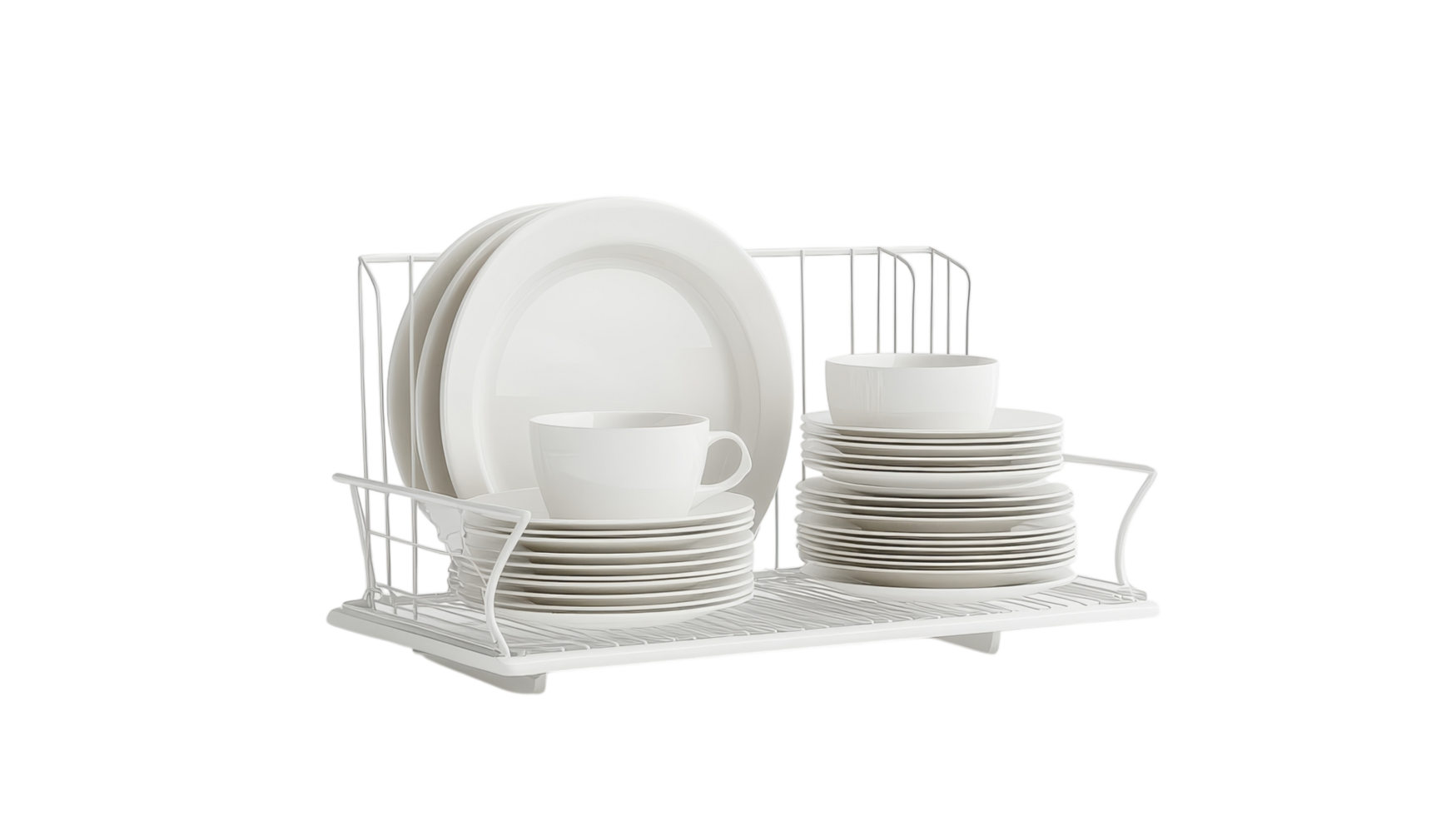 A neatly organized dish rack featuring an array of white plates and cups in a modern kitchen setting, showcasing an efficient drying area. png
