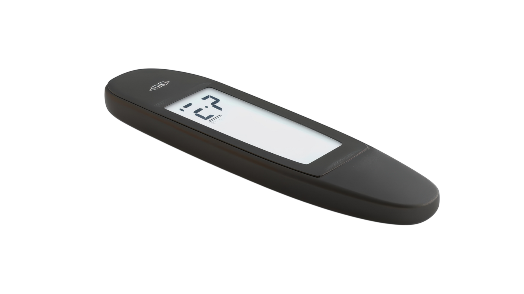 Modern digital remote control with an LCD screen designed for home entertainment use, showcasing streamlined black design and user-friendly interface. png