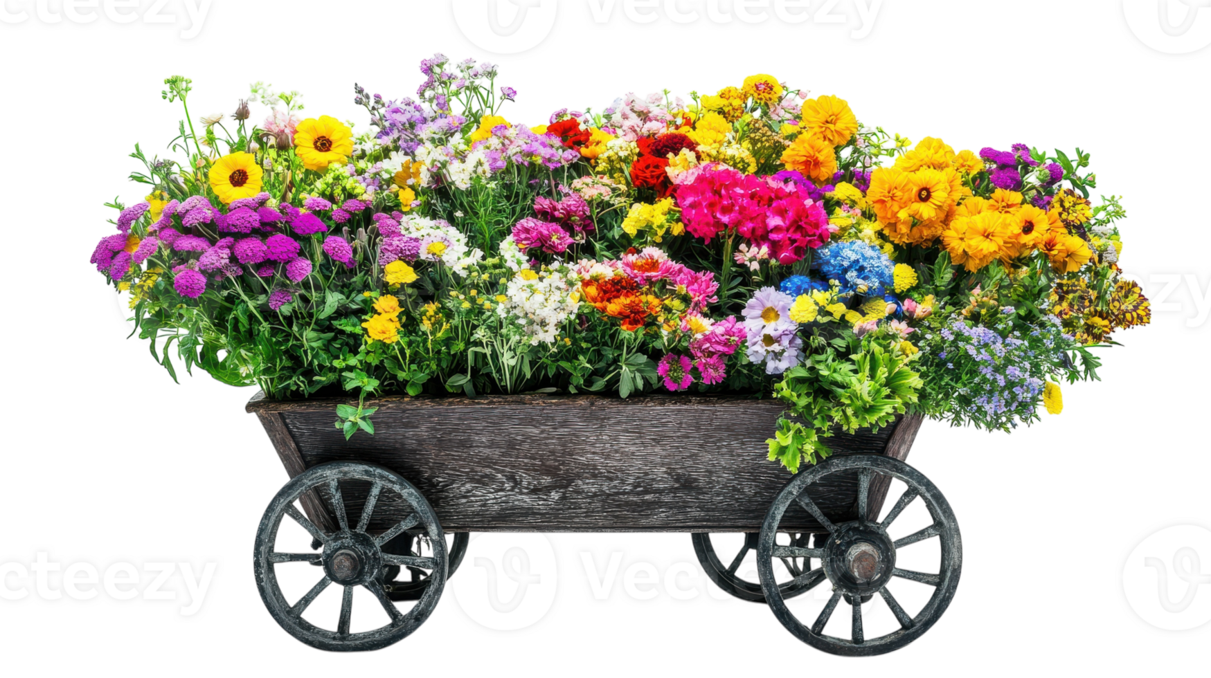 A vibrant wagon filled with assorted flowers showcasing bright colors in a garden setting. png