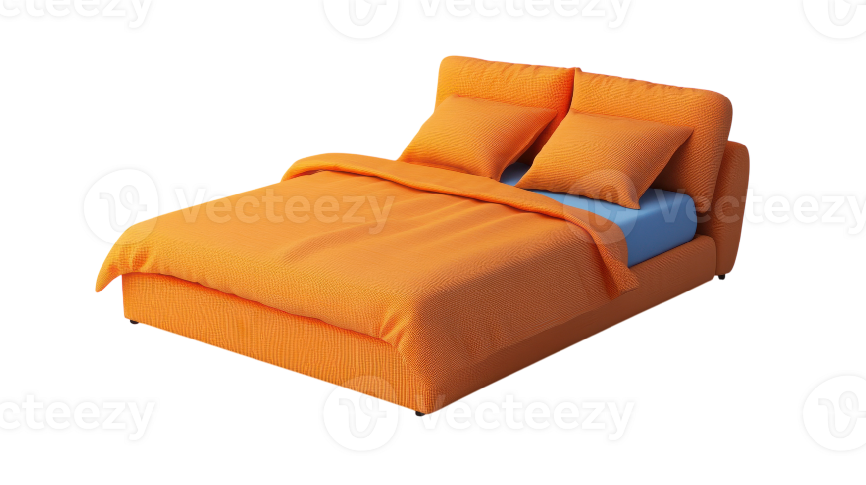 Bright orange upholstered bed with blue accents and plush pillows, positioned on a neutral background. png