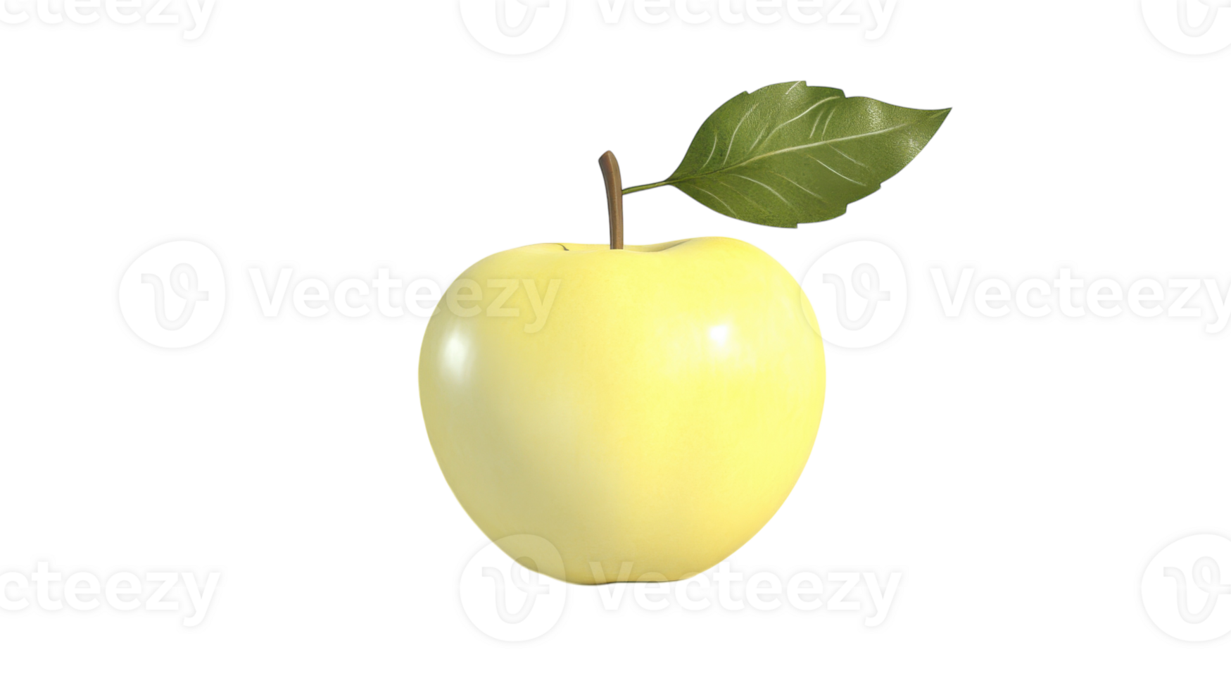A bright yellow apple with a green leaf resting on a clear background. png