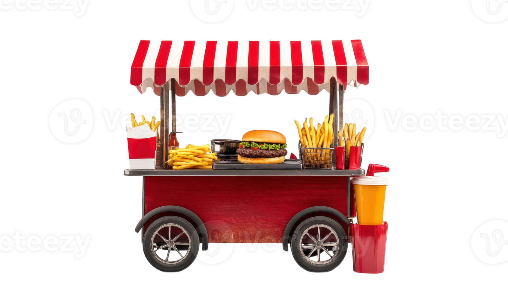 A vibrant food cart serving burgers, fries, and drinks, designed for outdoor events and casual dining, with a red striped canopy. png