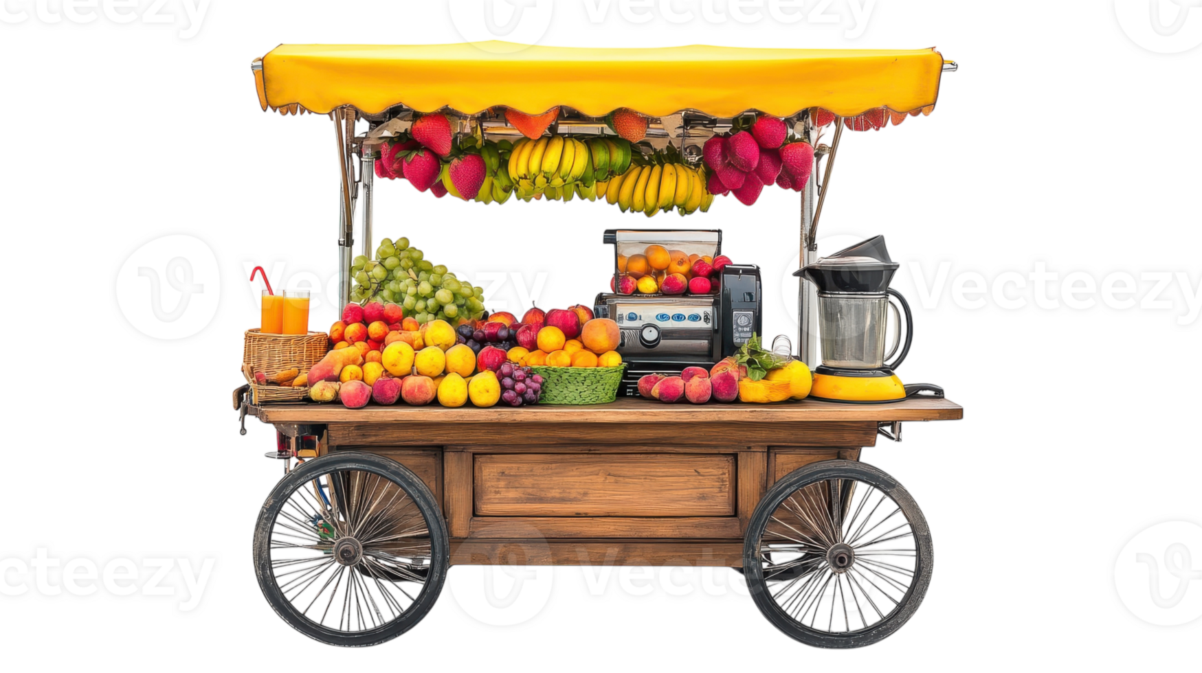 Colorful fruit cart offering fresh juices and assorted fruits in a vibrant market setting during the daytime. png