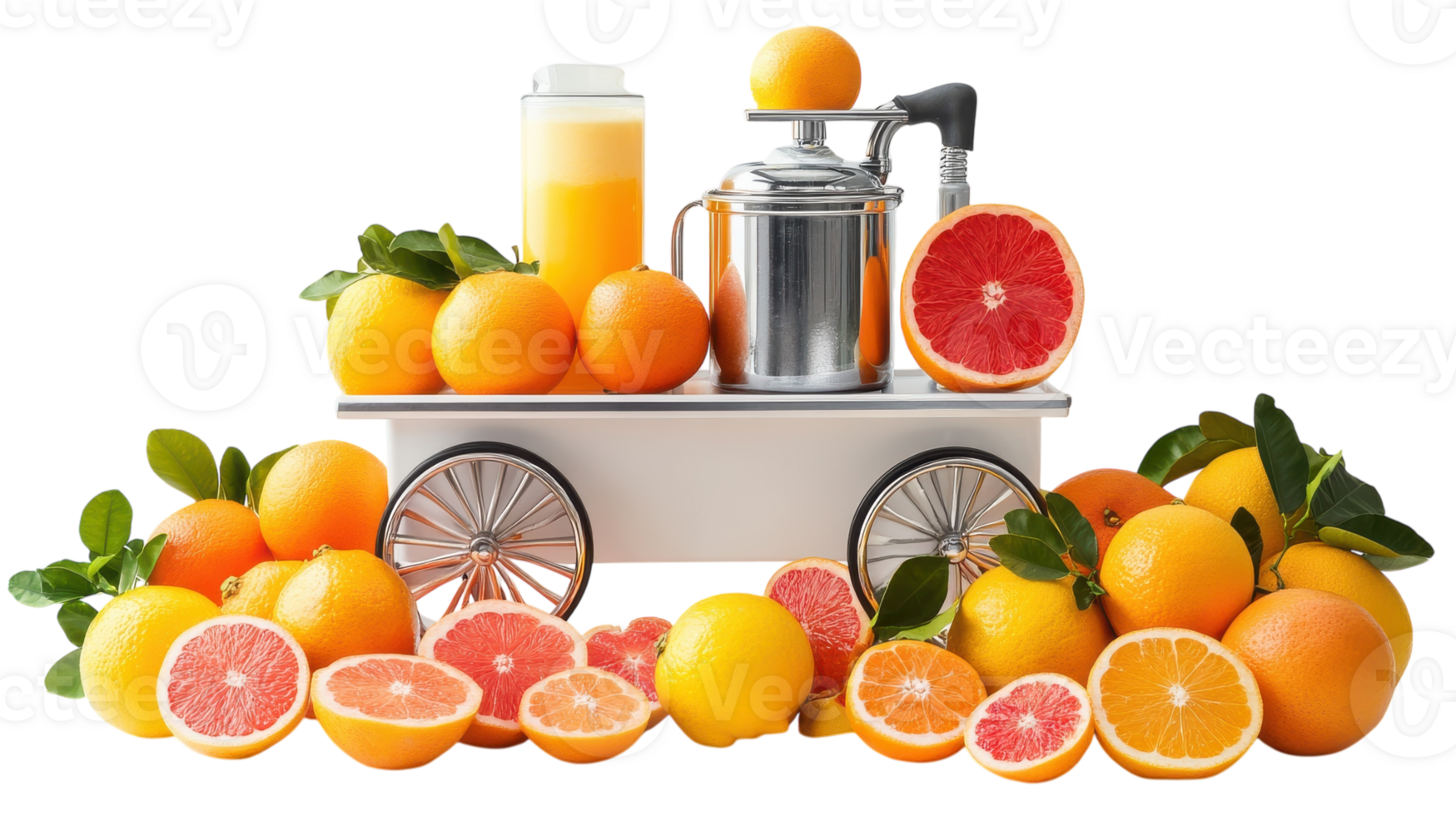 Fresh citrus fruits displayed on a cart with a juicer and juice in a glass, showcasing vibrant colors and textures. png