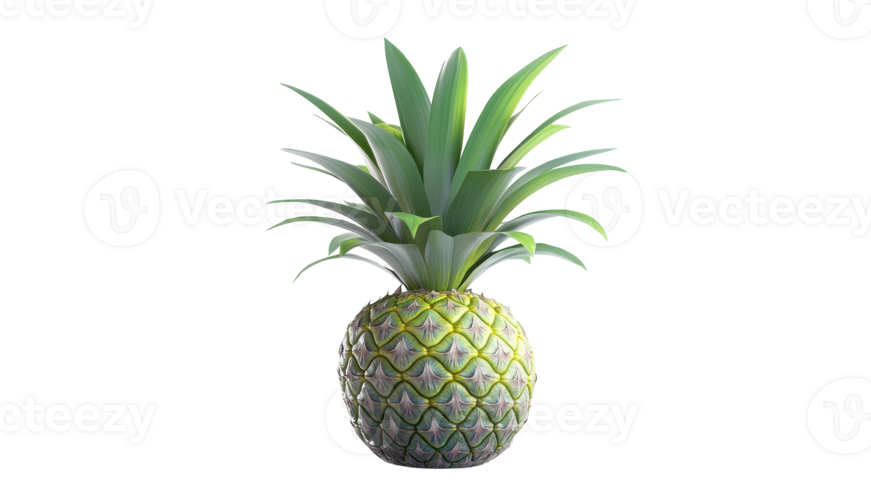 A realistic 3D rendering of a pineapple with lush green leaves on a transparent background suitable for culinary and design projects. png