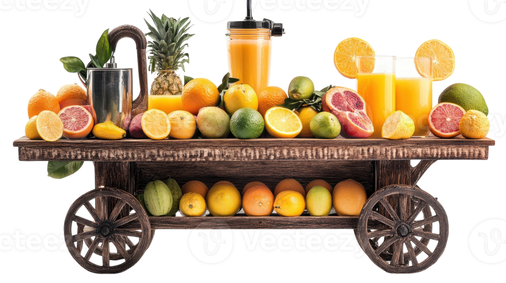 Colorful fruit cart with fresh juices displayed on a rustic wooden table in a bright setting. png