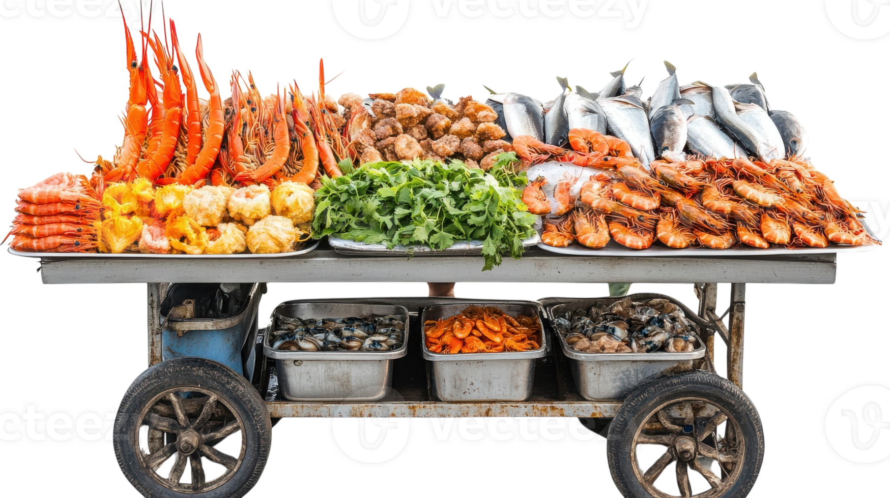 Fresh seafood cart featuring a wide variety of shrimp, fish, and vegetables displayed in a bustling market setting. png