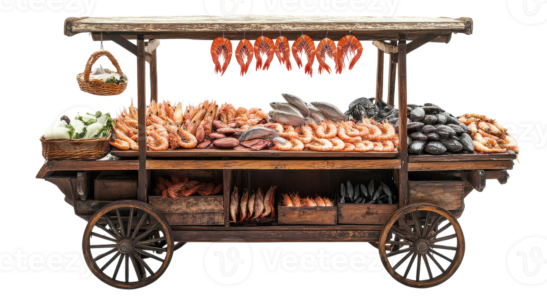 Fresh seafood cart with a variety of fish, shrimp, and shellfish displayed at a local market during the day. png